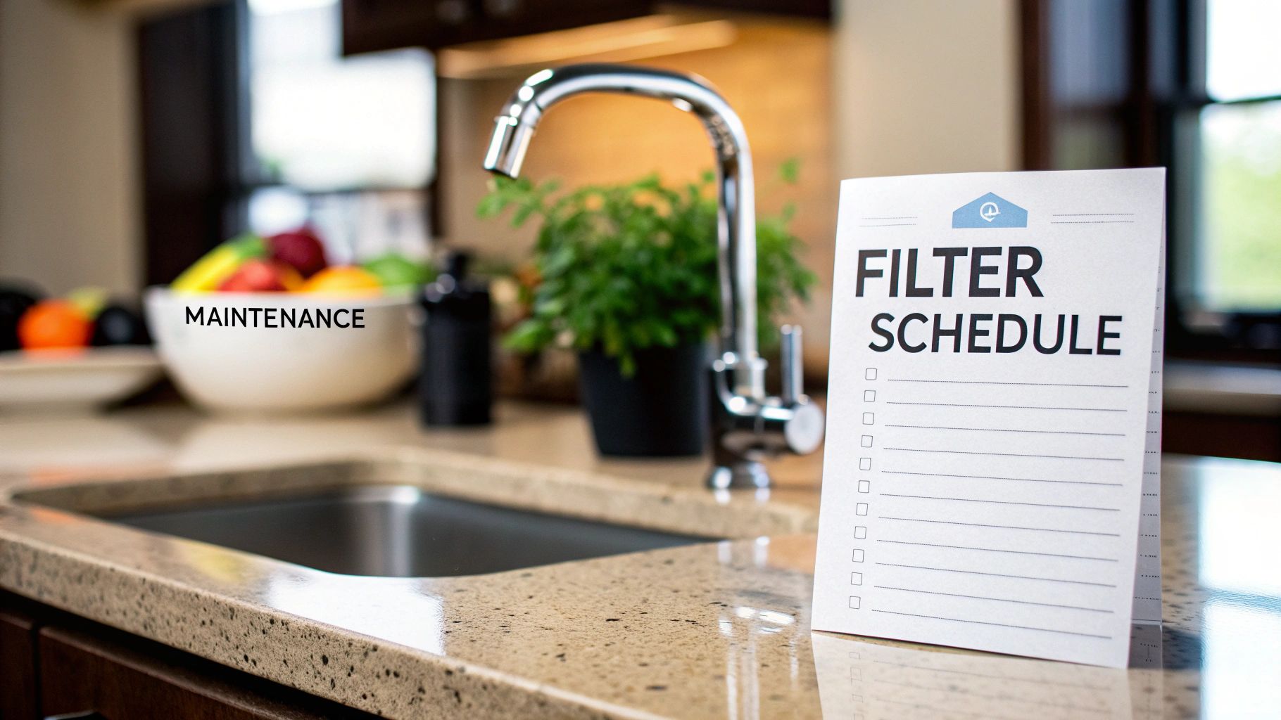 A kitchen counter with a shiny faucet, sink, and a paper displaying a 'FILTER SCHEDULE' checklist.