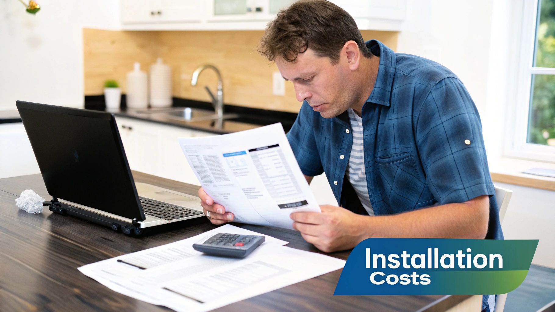 Man reviewing installation costs on paper with a calculator and laptop in a kitchen.
