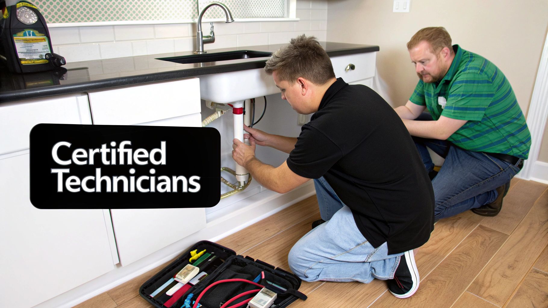 A professional technician installing a reverse osmosis system under a kitchen sink