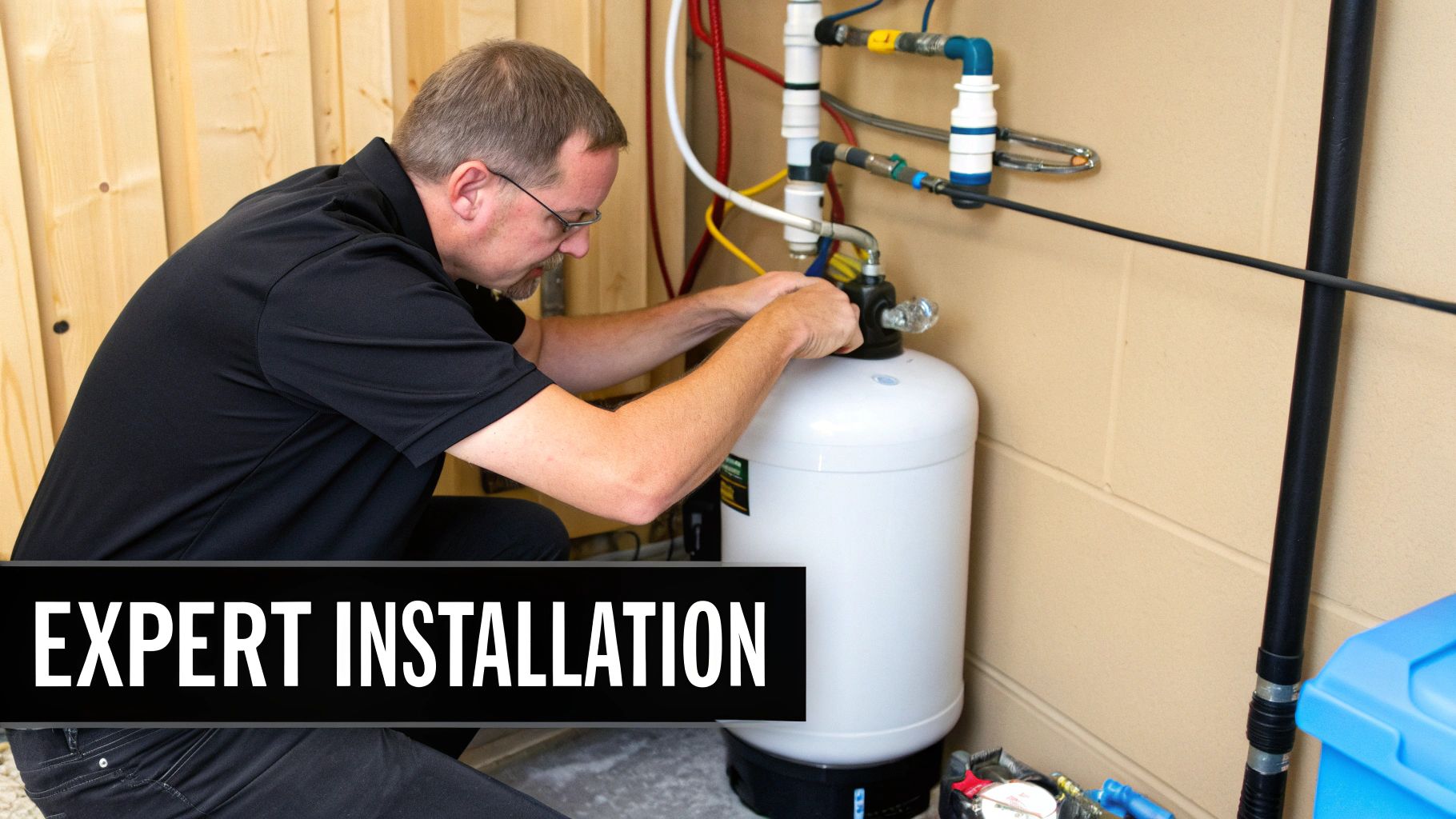 Professional plumber installing white pressure tank and water filtration system in residential basement