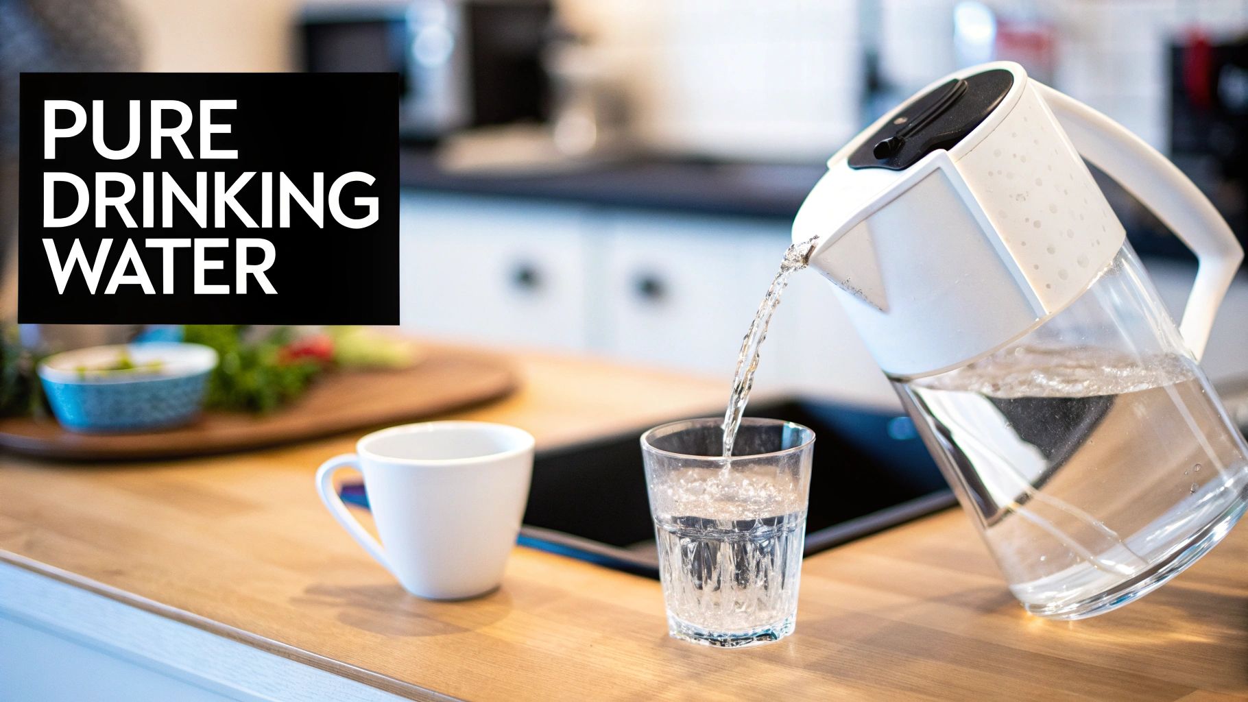 A water filter pitcher pours pure drinking water into a glass on a kitchen counter.