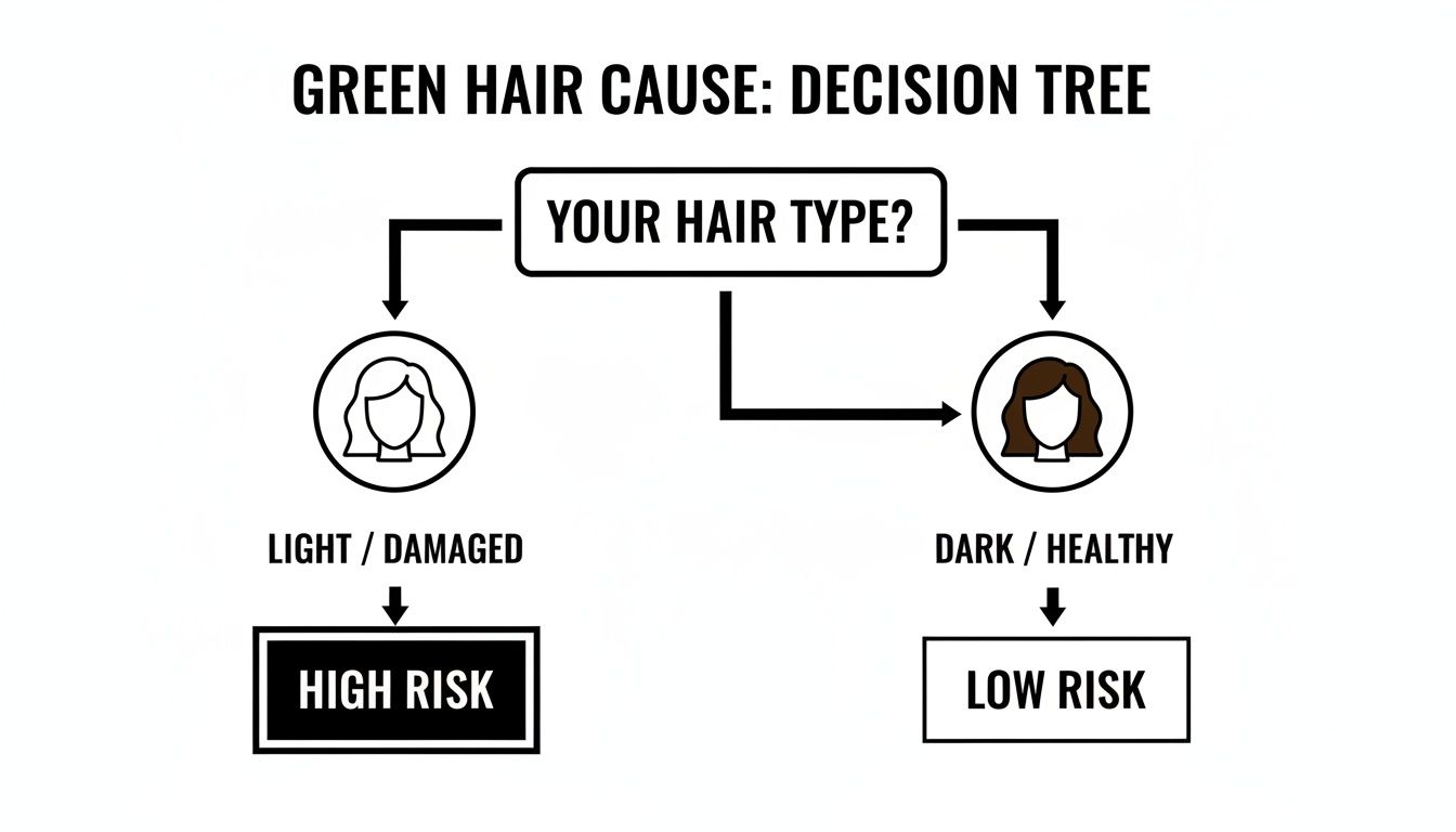 Flowchart showing green hair risk factors: light/damaged hair is high risk, dark/healthy hair is low risk.