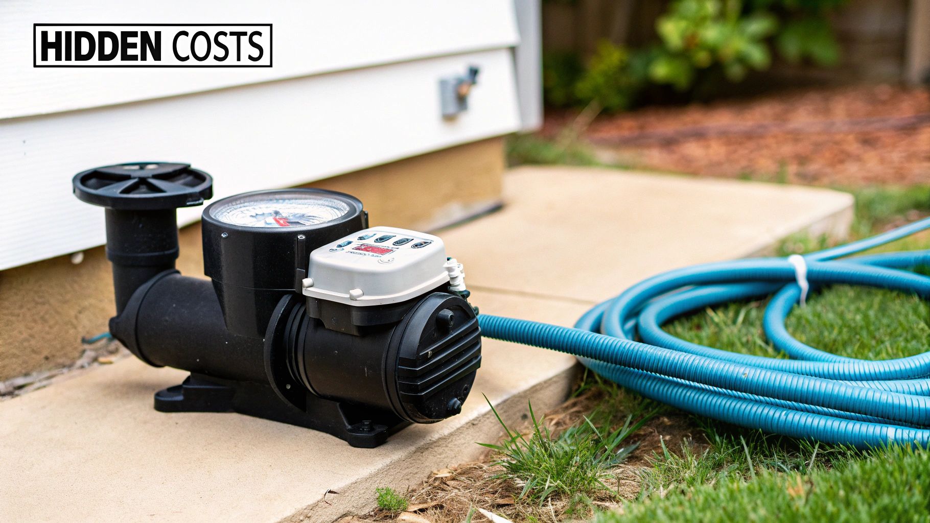 A close-up of a pool pump and filter system on a clean equipment pad