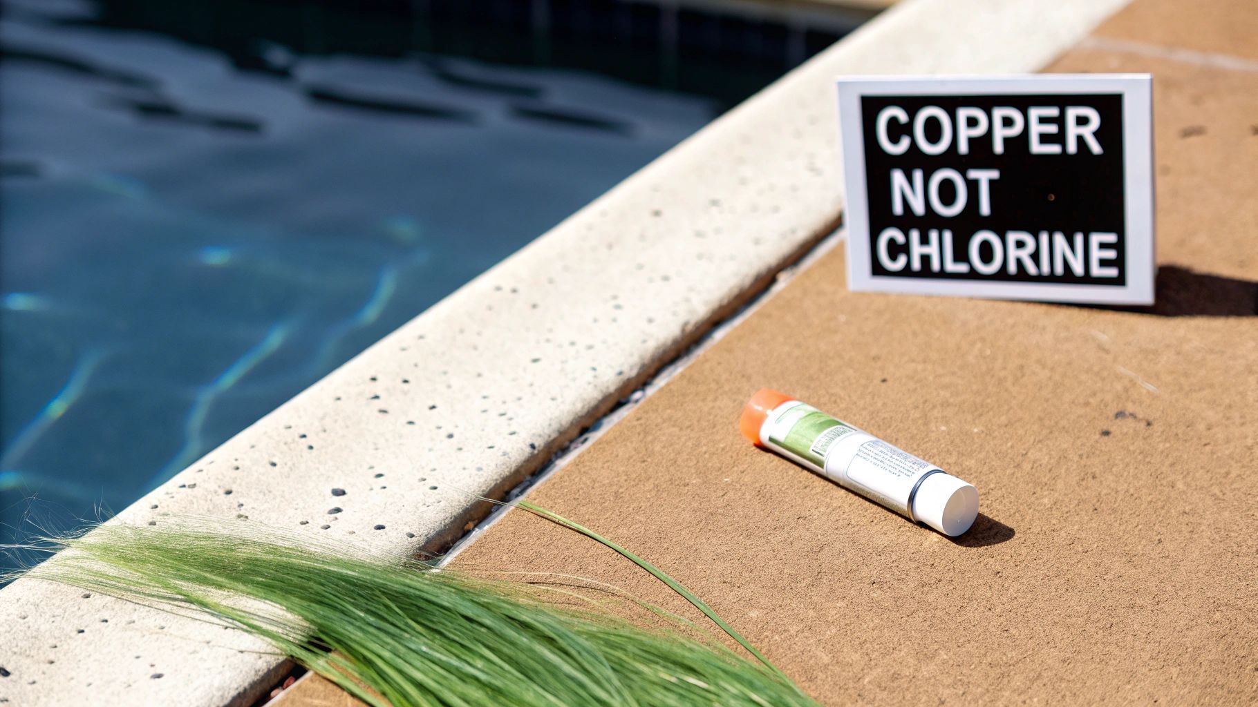 A sign reading "COPPER NOT CHLORINE" stands beside a pool with a chemical tube and green grass.
