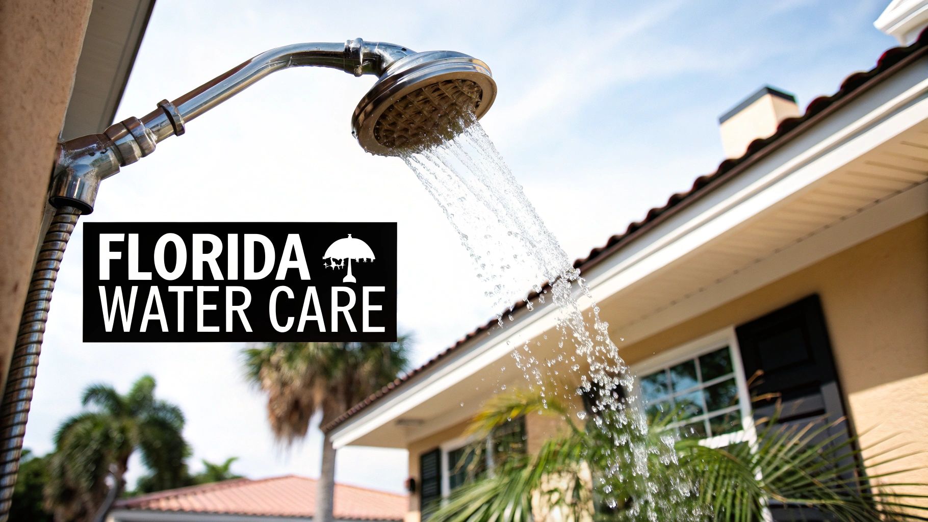 An outdoor shower with water spraying, set against a sunny sky, next to a house with palm trees.