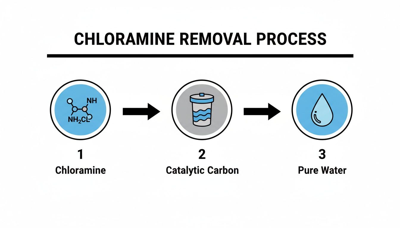 A diagram illustrating the chloramine removal process, showing chloramine, catalytic carbon, and pure water.