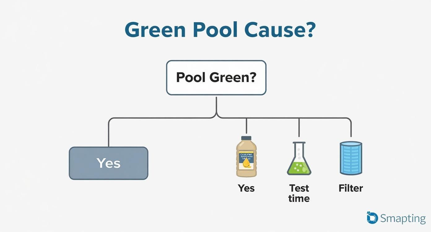 Flowchart diagram showing troubleshooting steps for green pool water with treatment solutions