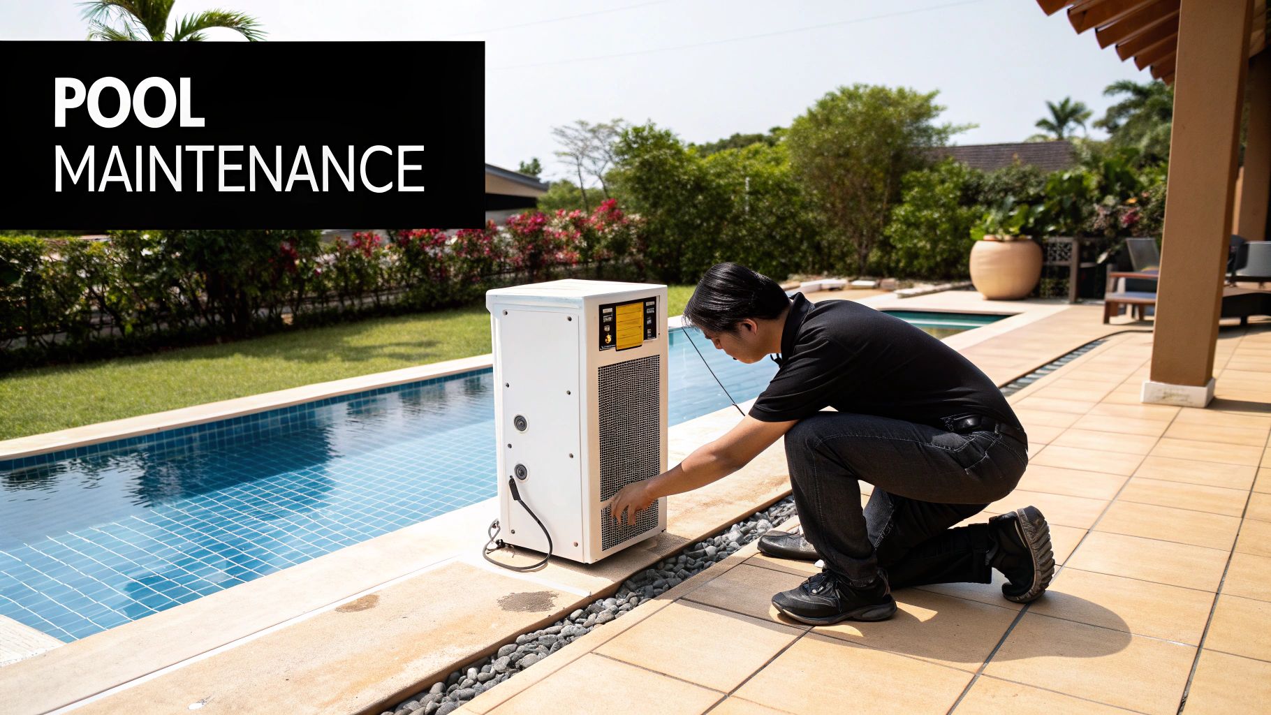 A pool professional testing the water chemistry of a clean saltwater pool.