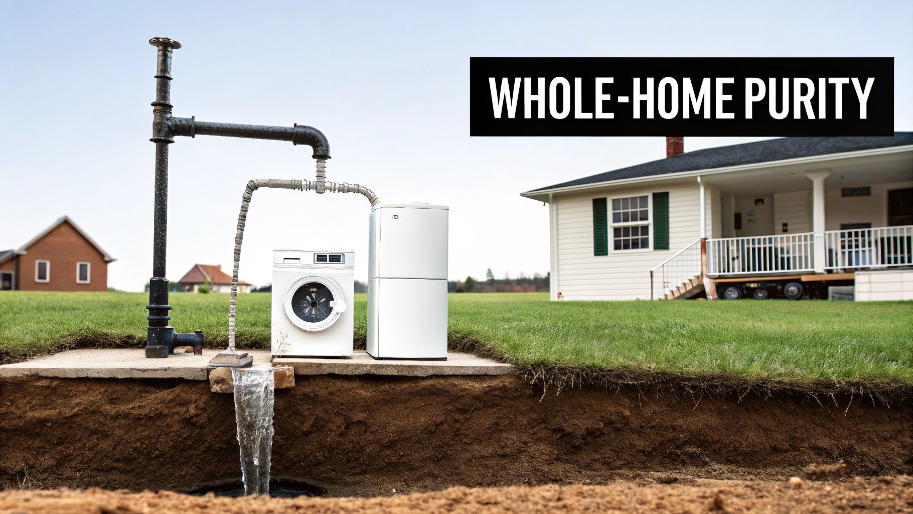 A cross-section view reveals a home water system with pipes, washing machine, water heater, and clean water flowing into the ground, with a house in the background.