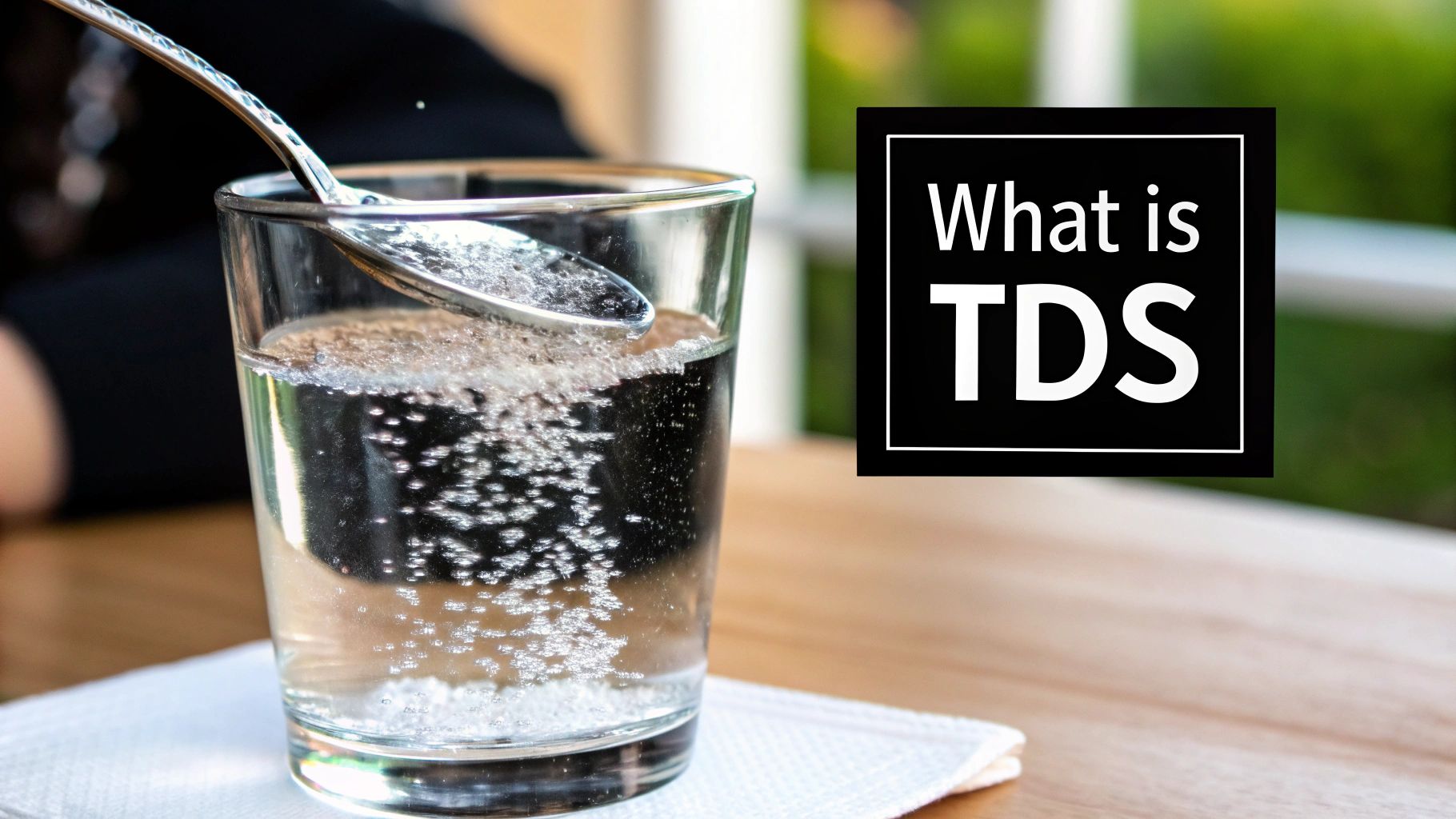 A glass of water being tested with a TDS meter showing a high reading.