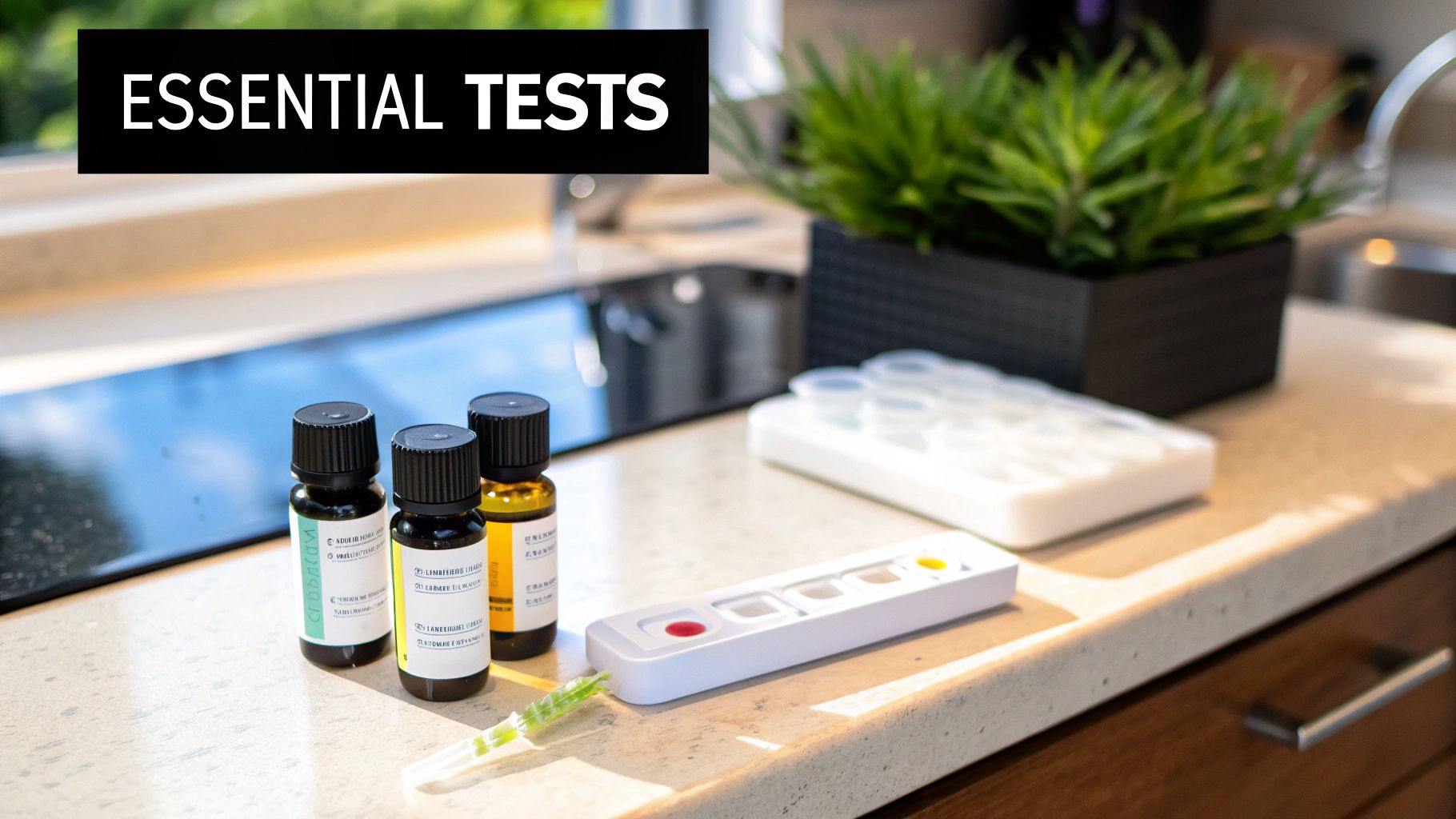 A kitchen counter with an essential testing kit, three sample bottles, and a dropper for analysis.