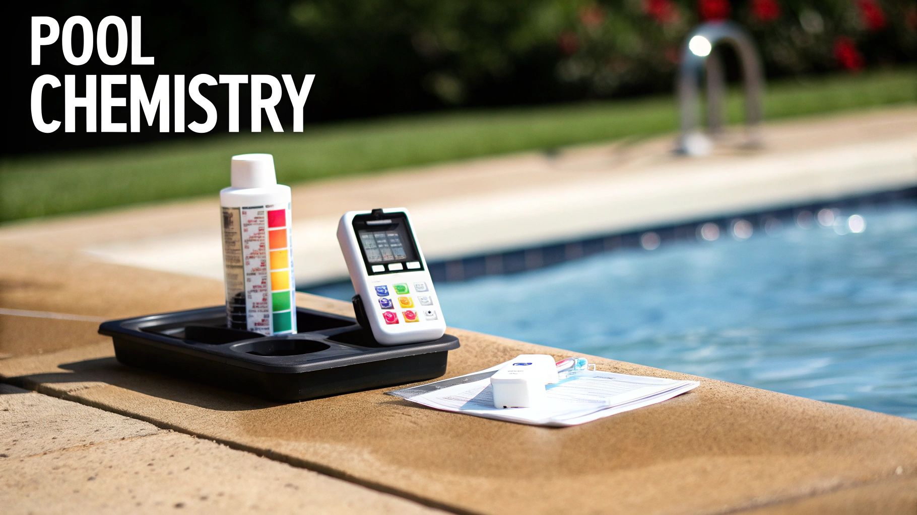 Pool chemistry testing equipment including a color chart bottle and digital tester by a swimming pool.