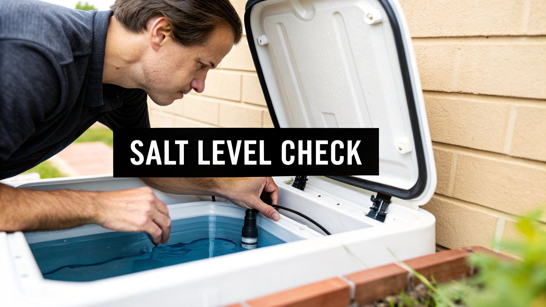 A close-up shot of a person pouring salt pellets into a water softener's brine tank.