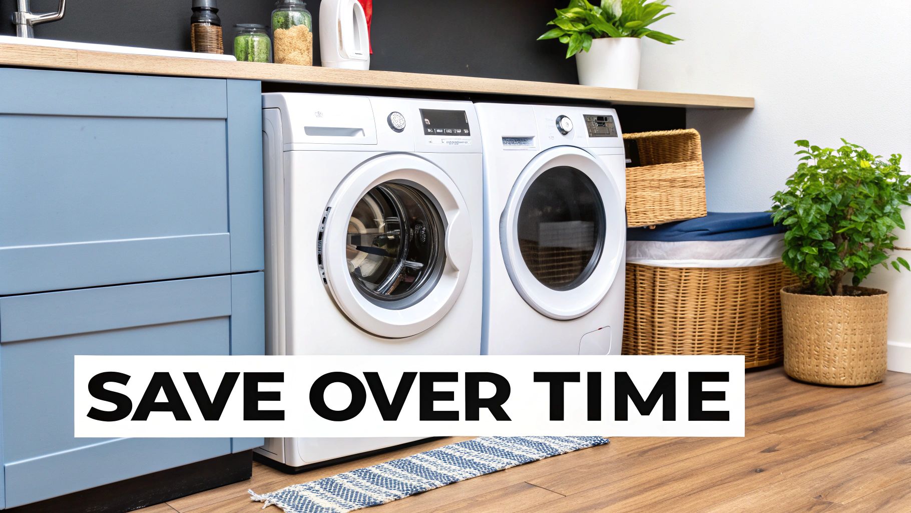A modern laundry room featuring two white washing machines, blue cabinets, and wicker baskets, with text 'SAVE OVER TIME'.