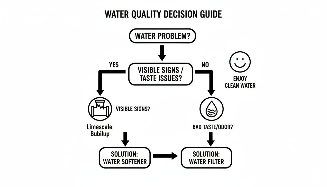 A flowchart guiding decisions for water problems, suggesting water softeners for visible signs and water filters for taste/odor.