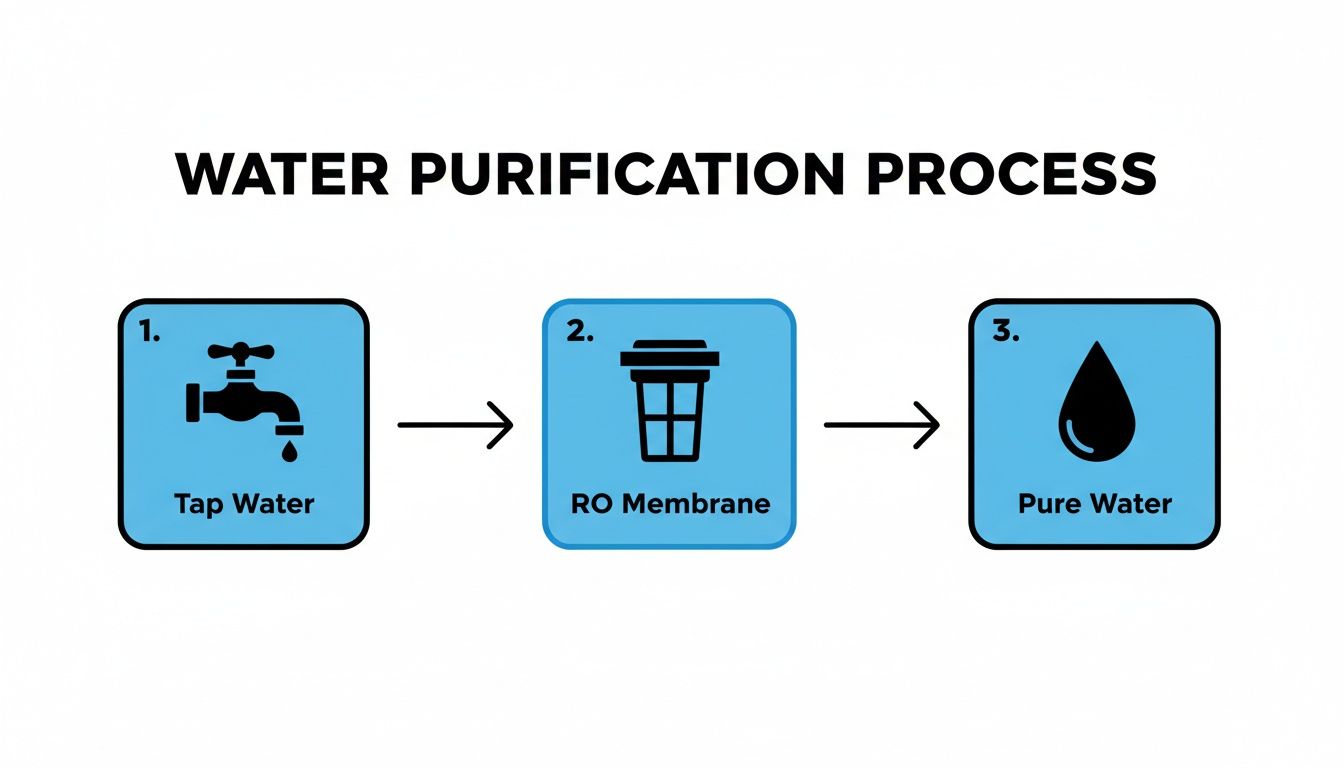 Diagram showing the water purification process using an RO membrane, transforming tap water into pure water.