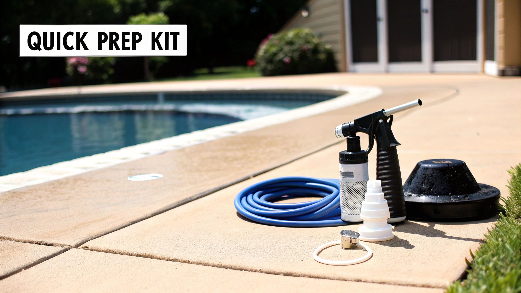A 'Quick Prep Kit' for pool maintenance, with a hose, spray bottle, and various tools by a swimming pool.