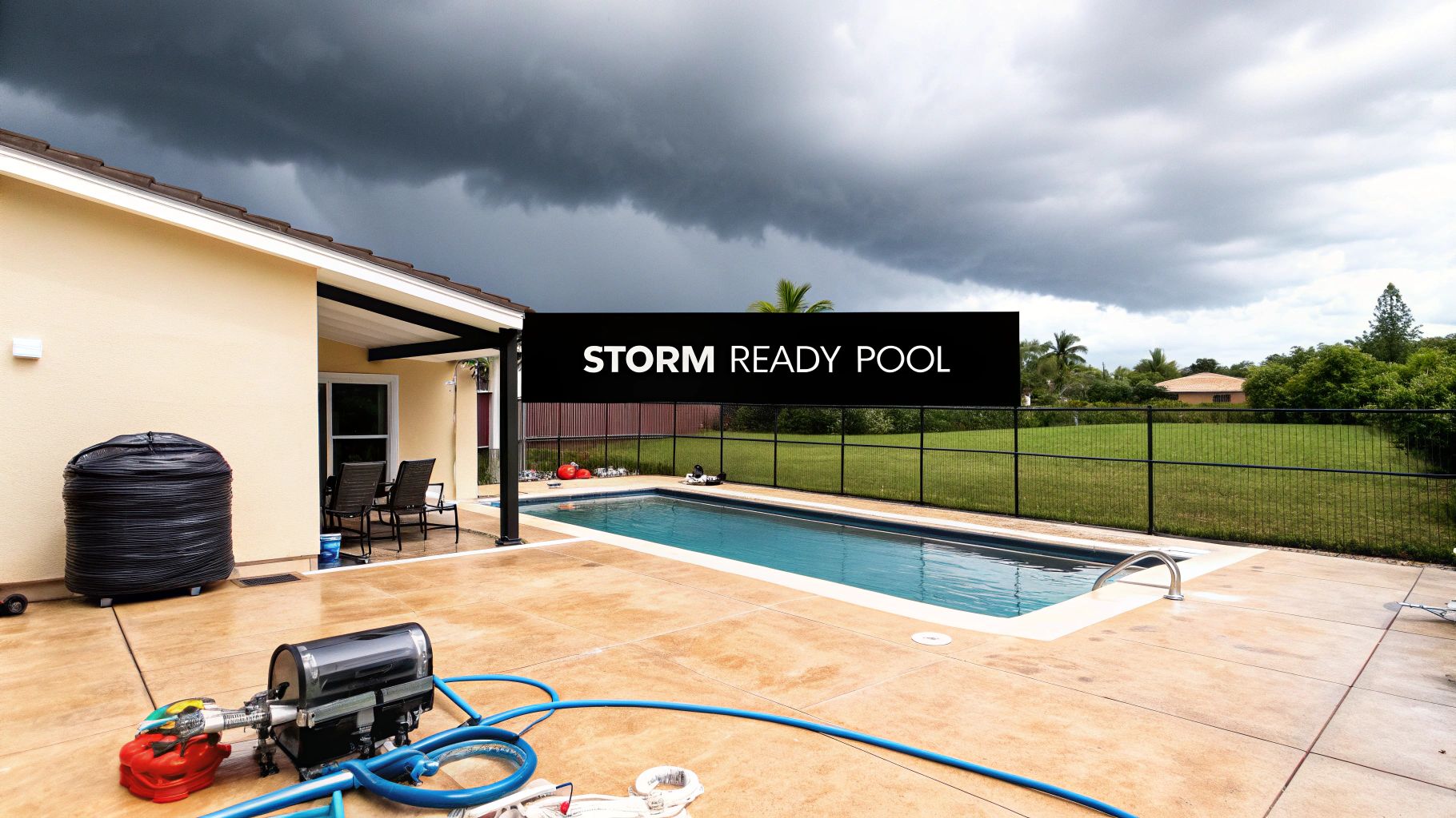 A residential pool area prepared for a storm with dark clouds, equipment, and a 'STORM READY POOL' banner.