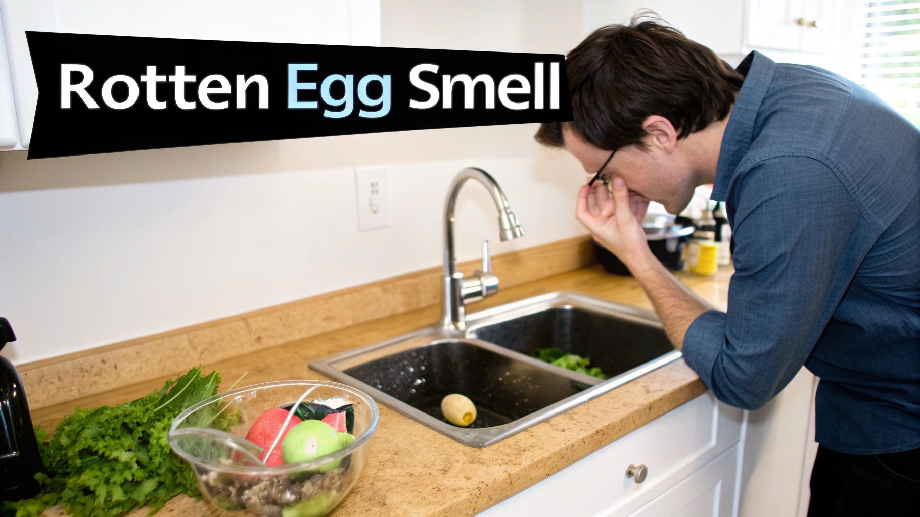 Man reacting to rotten egg smell from kitchen sink indicating sulfur contamination in water