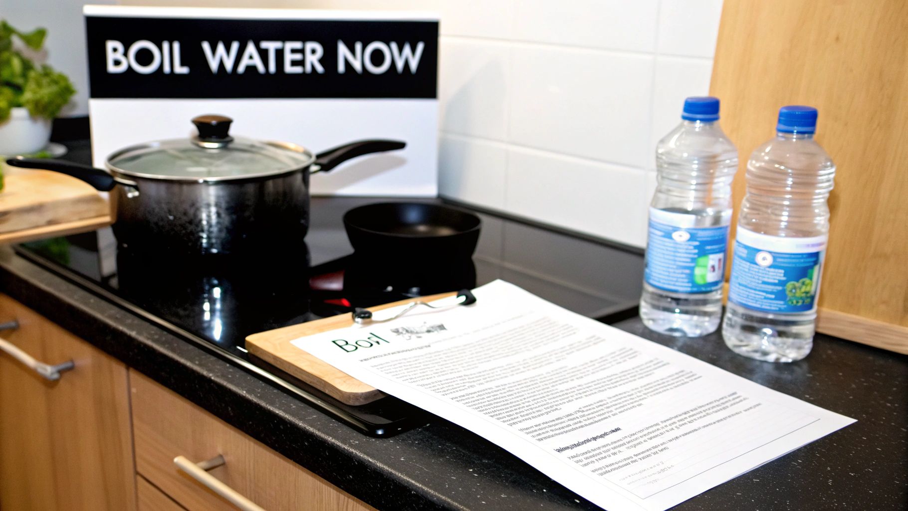 Kitchen counter with a boiling pot, bottled water, and a 'BOIL WATER NOW' sign, indicating a water advisory.