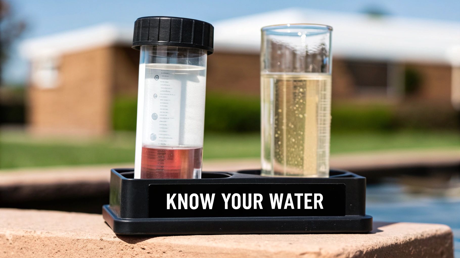 A person holding a test tube with a water sample, with a water analysis report in the background.