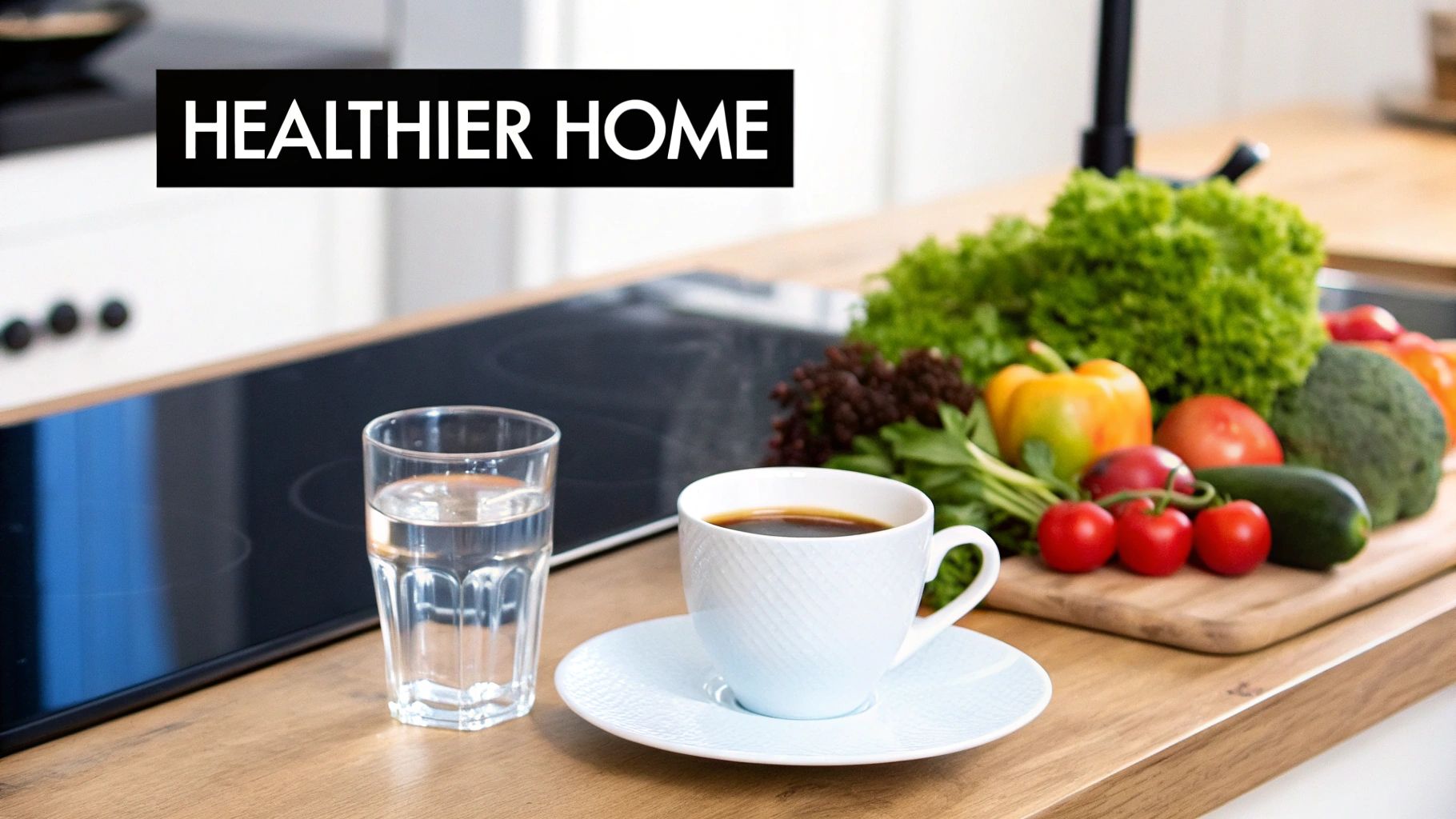 A clean kitchen counter with water, coffee, and fresh healthy vegetables, promoting a healthier home.