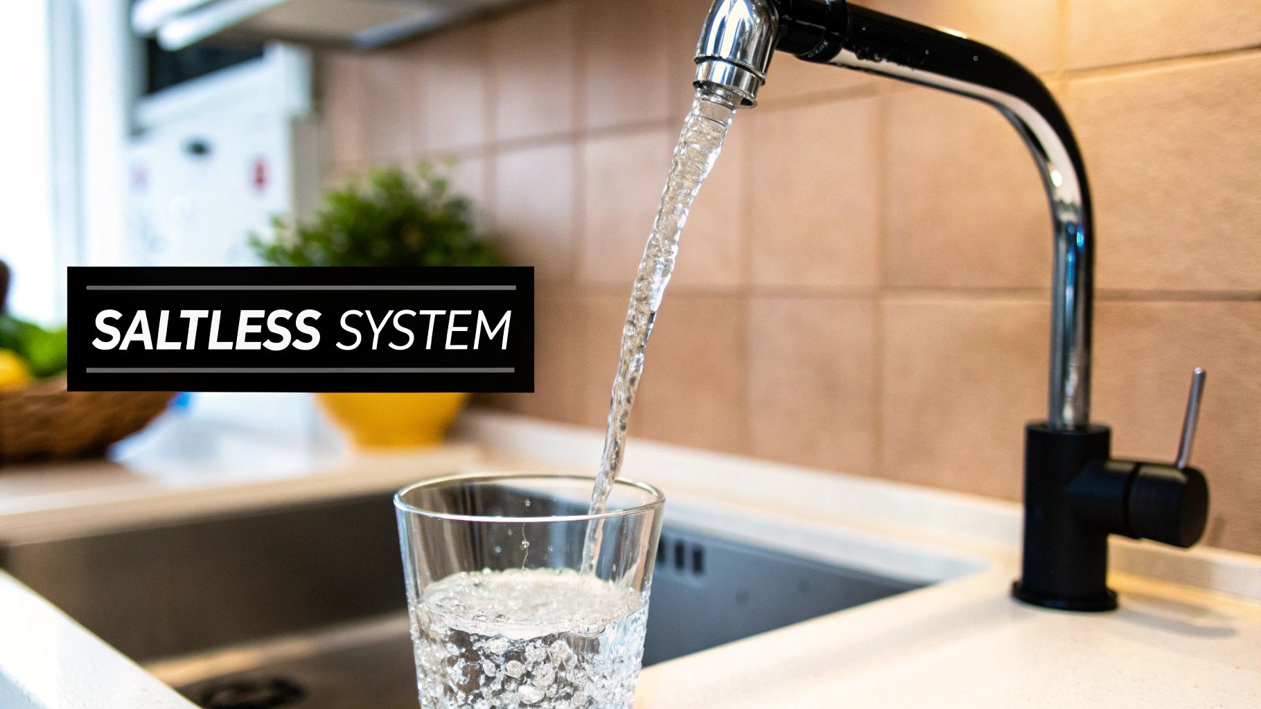 Clear water flowing from a modern kitchen faucet into a glass, with 'SALTLESS SYSTEM' text overlay.
