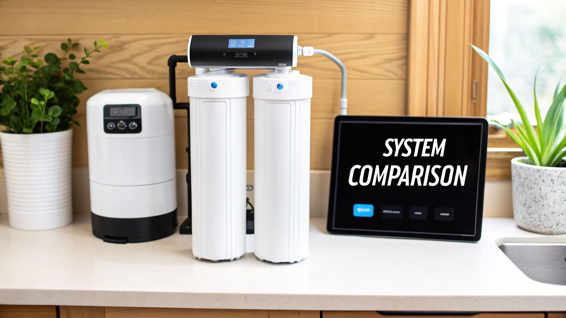 Modern kitchen counter with various whole house water filtration systems and a tablet displaying 'System Comparison'.