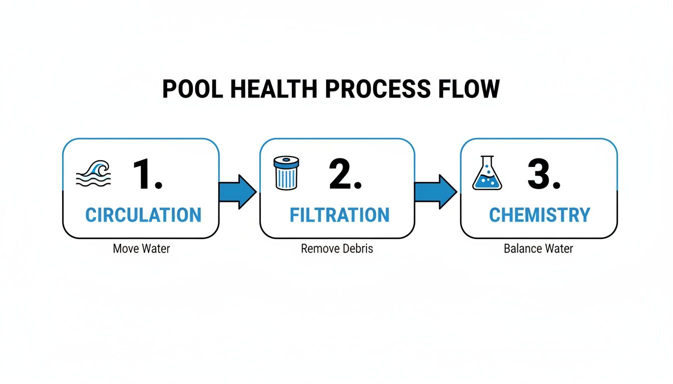 Flowchart detailing the essential steps for pool health: circulation, filtration, and water chemistry.