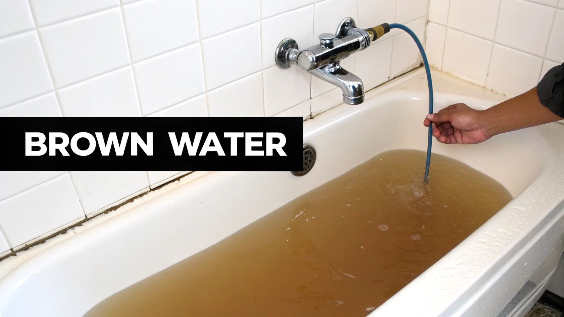 A white bathtub is filled with dirty, murky brown water, with a hand holding a blue hose.