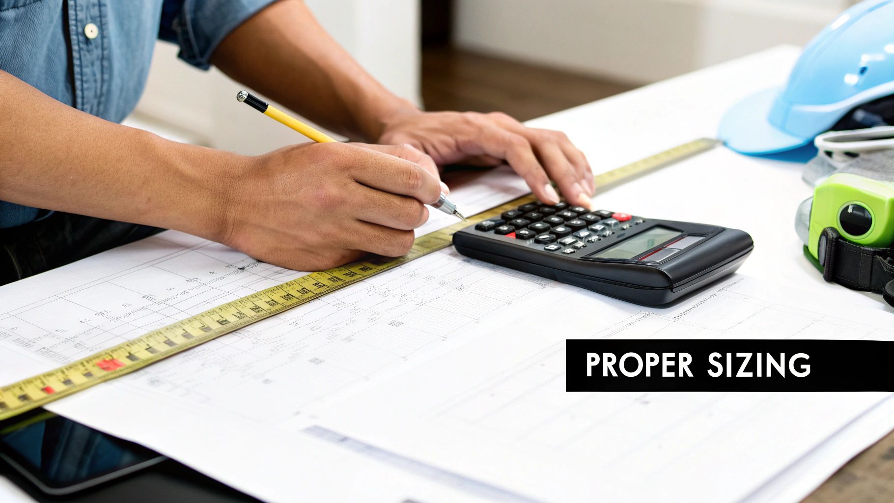 A person uses a pencil and ruler to measure blueprints, with a calculator and hard hat nearby.