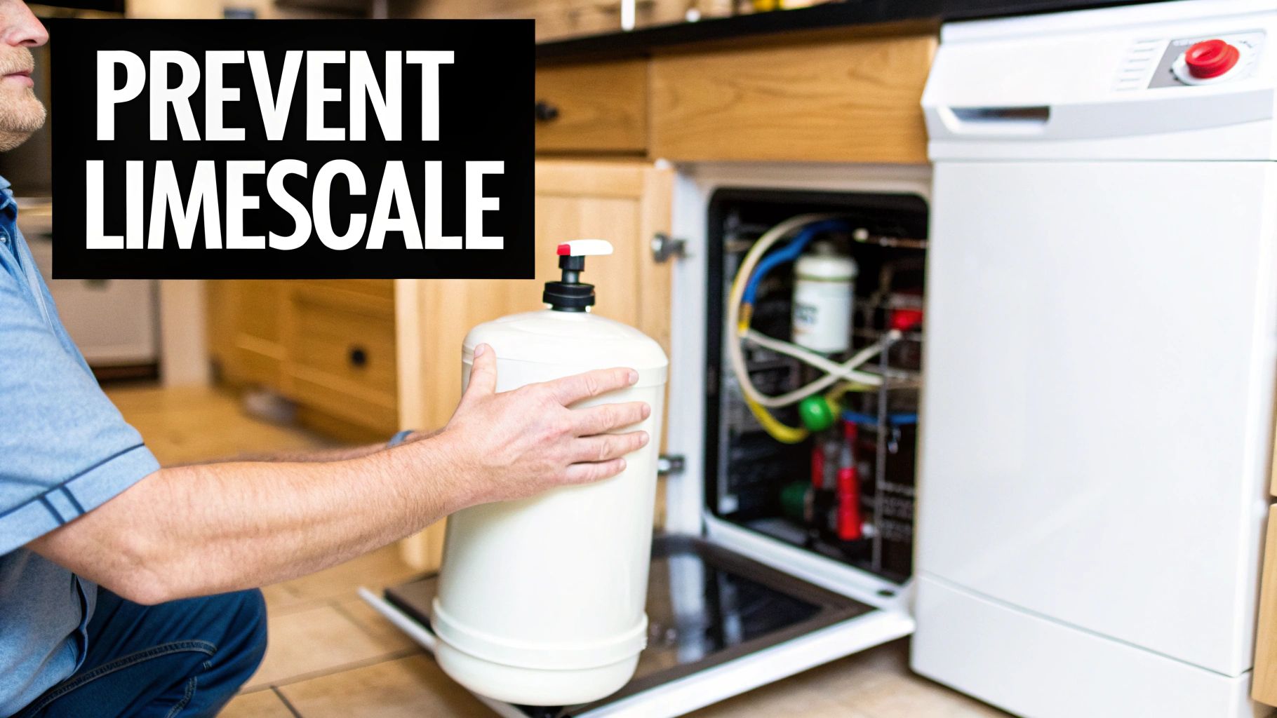 Man installing a water treatment unit under a kitchen counter to prevent limescale buildup.