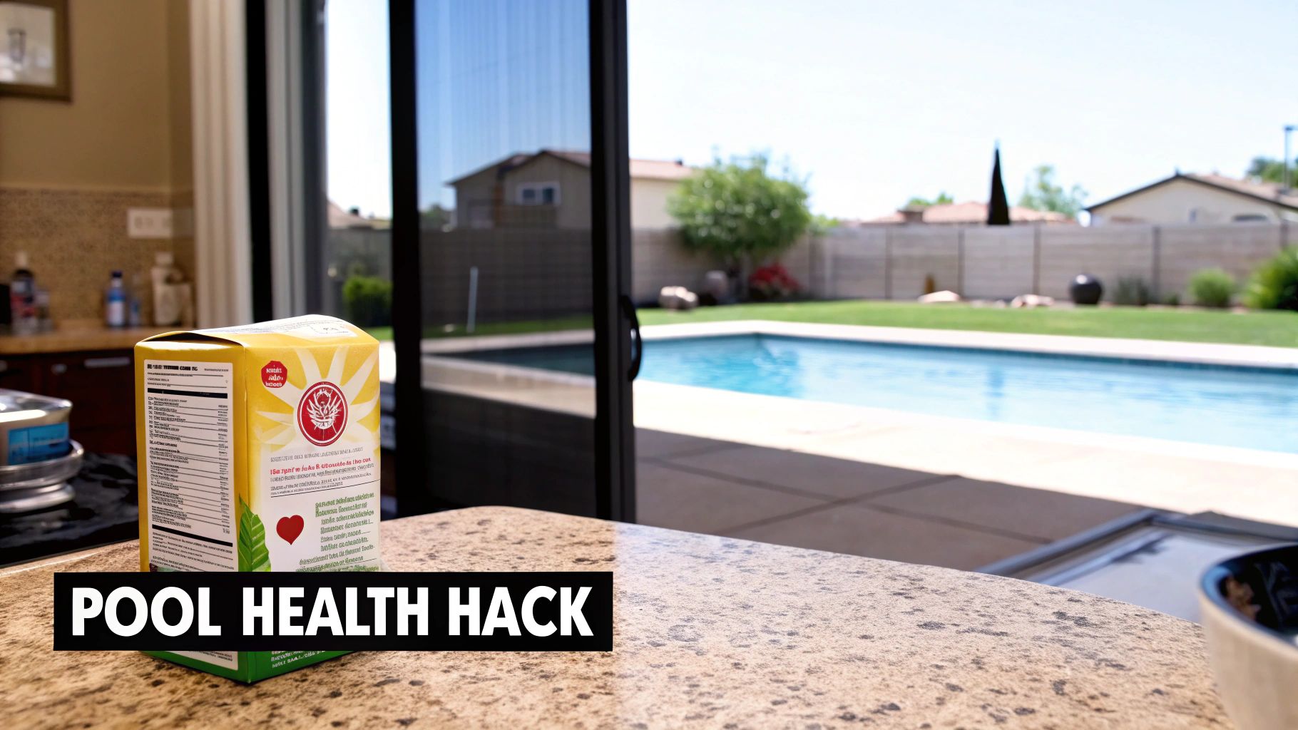 Box of baking soda next to a clear, blue swimming pool