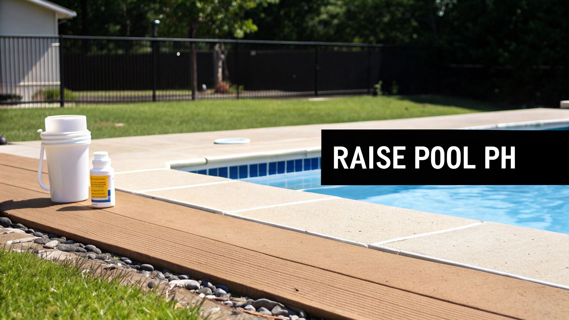 Poolside scene with pool testing chemicals on a wooden deck and text 'RAISE POOL PH'.