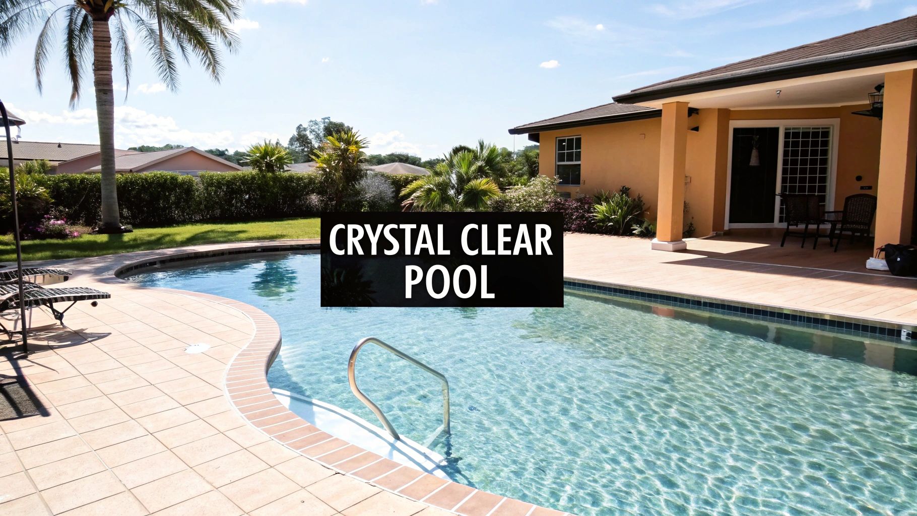 A sparkling, crystal clear swimming pool in a sunny backyard, adjacent to a house with a patio and lush green landscaping.