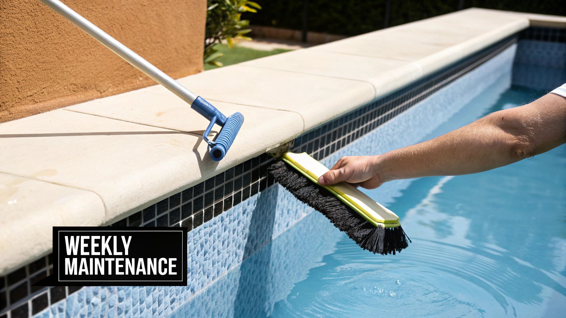 A crystal clear, blue swimming pool sparkling in the sunlight.