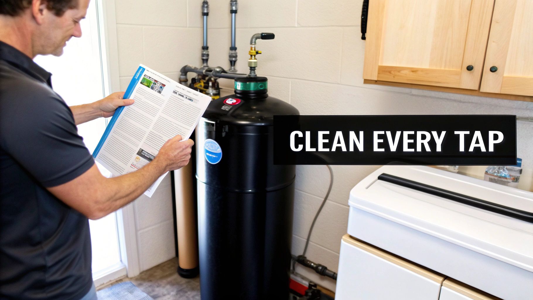 A modern whole house water filtration system installed in a clean, well-lit utility room.