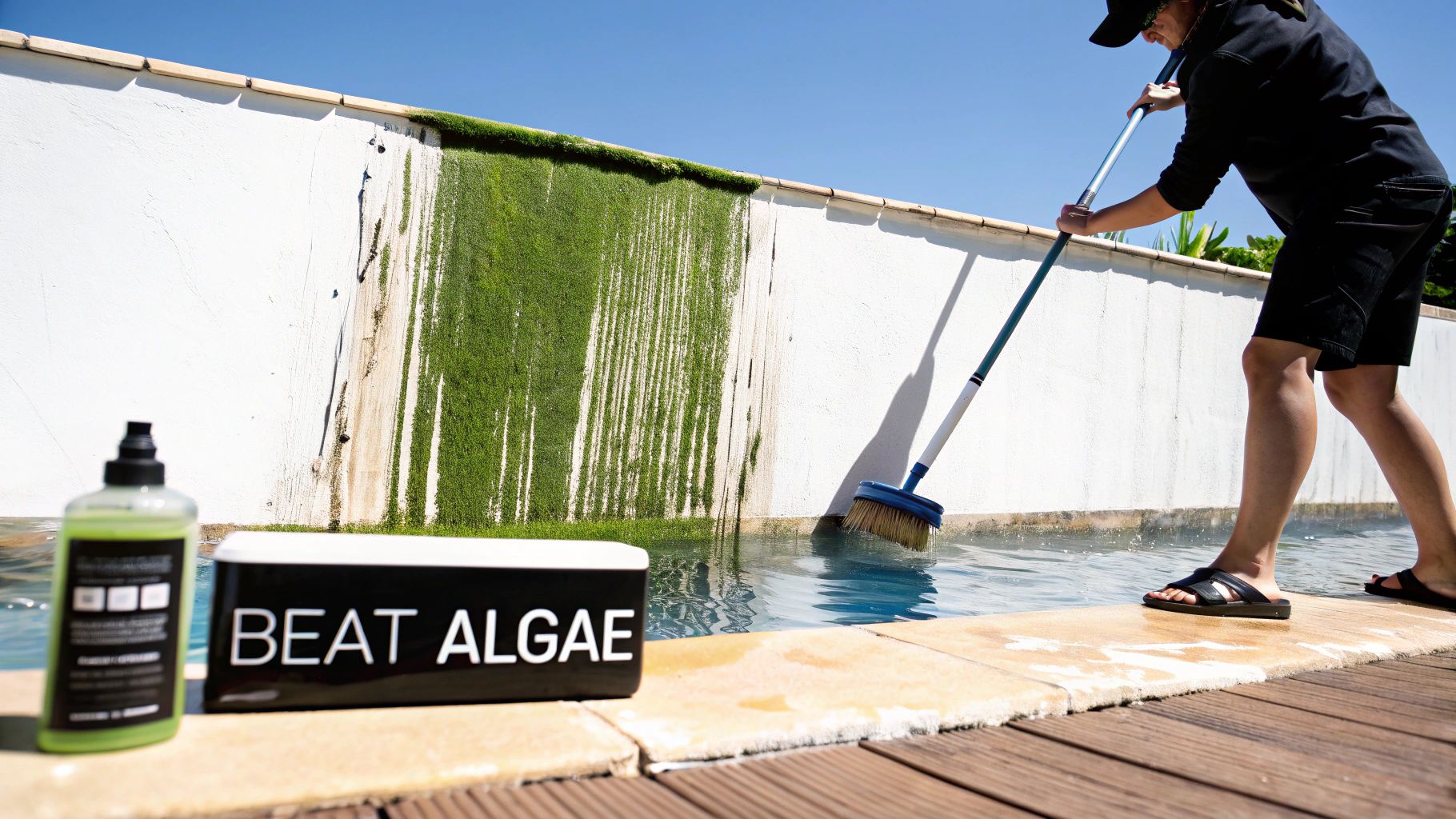 A person brushes green algae from a pool wall, with 'BEAT ALGAE' products visible.