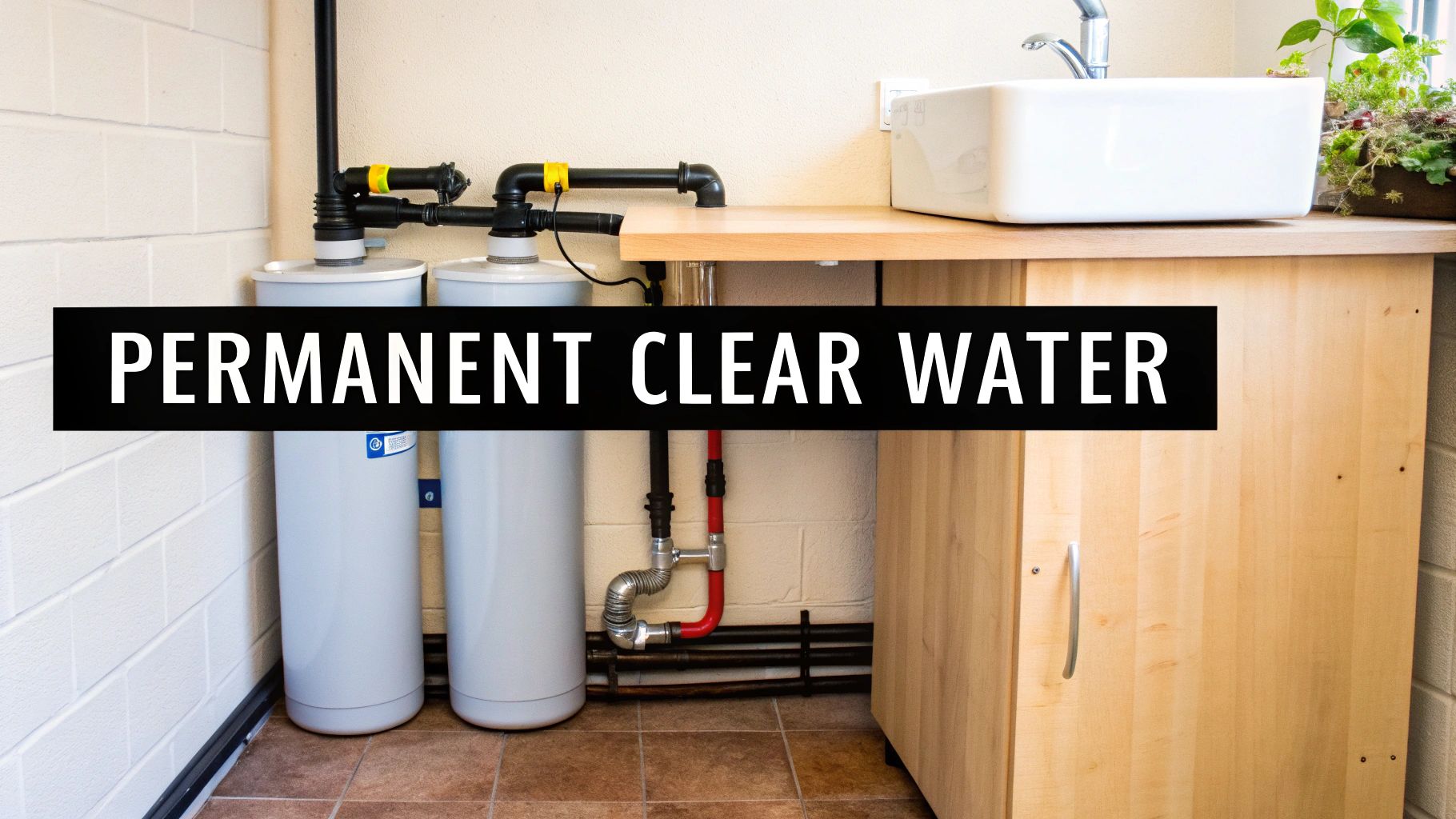 A domestic utility area featuring a water filtration system with two grey tanks, pipes, a sink, and a wooden cabinet, with text reading 'Permanent Clear Water'.