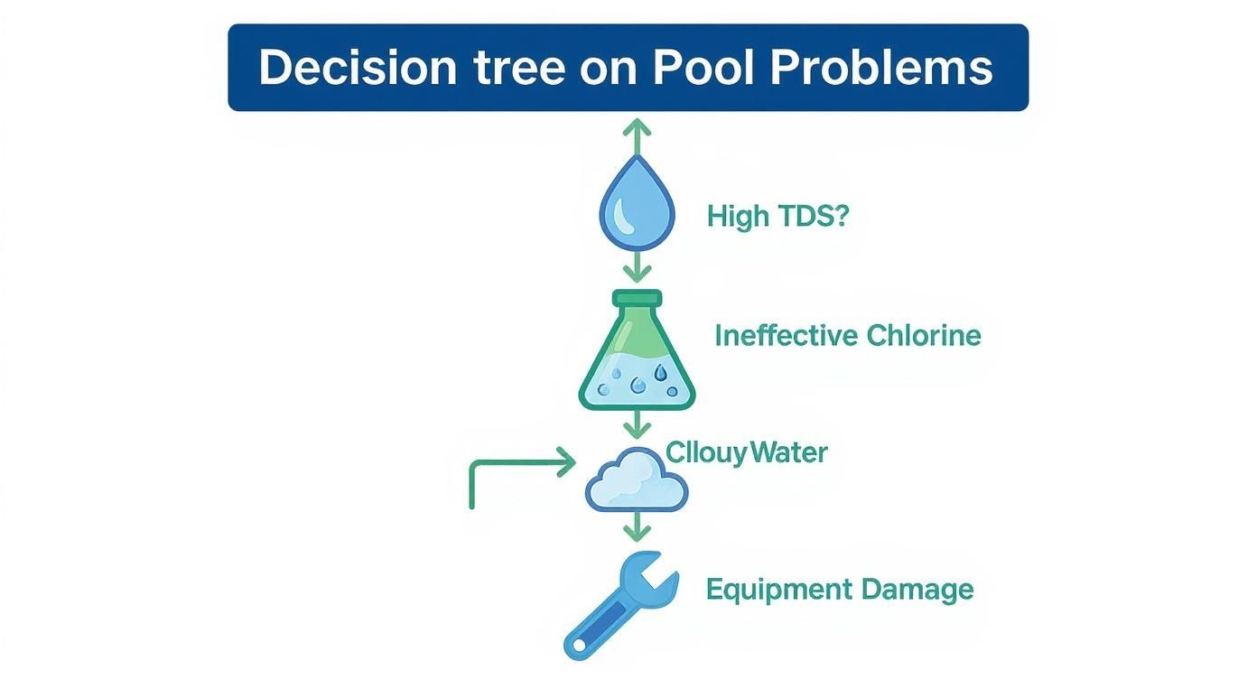 Infographic decision tree showing high TDS in pools leads to ineffective chlorine, cloudy water, and equipment damage.