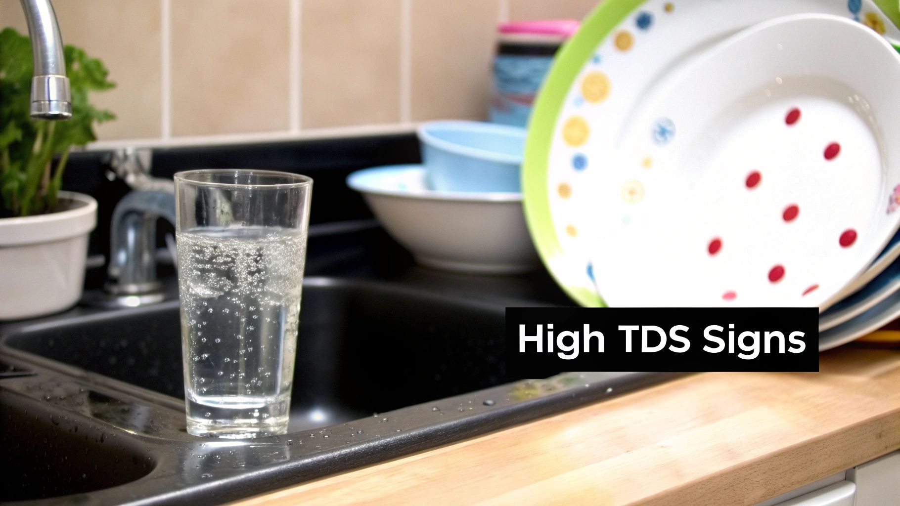 A glass of clean water next to a water tap in a modern kitchen.