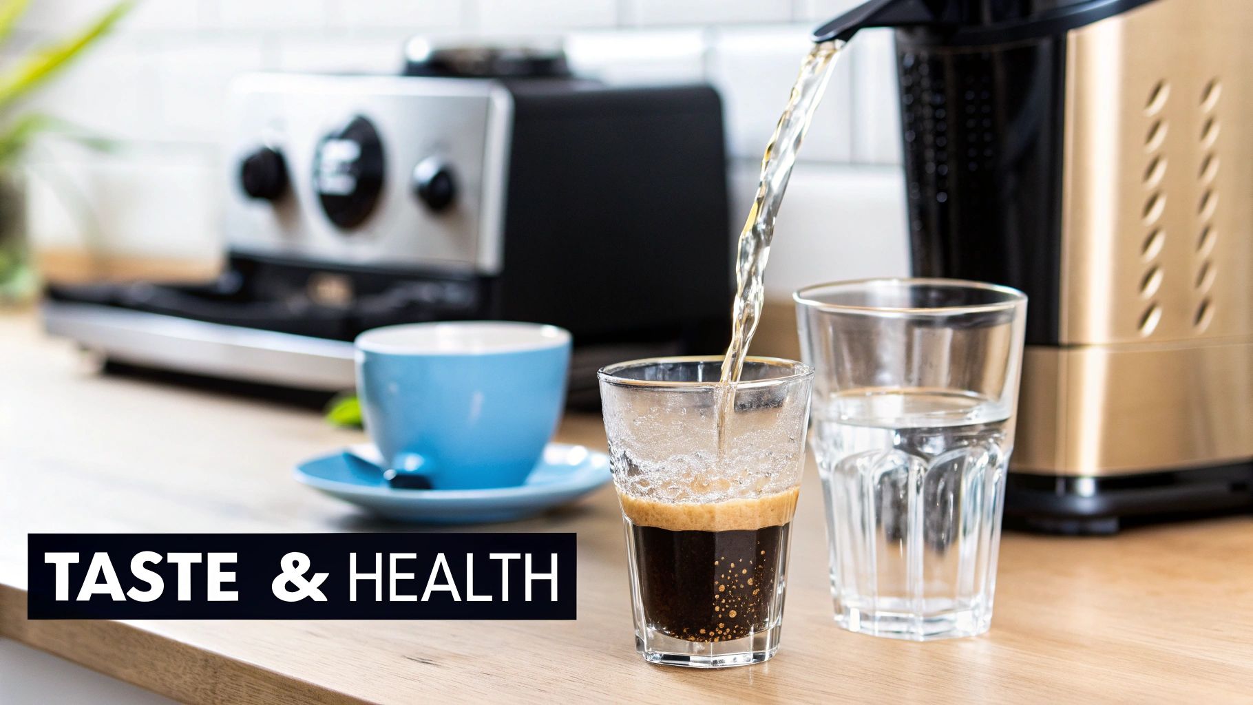 A stream of water flows into an espresso glass on a wooden counter with coffee makers.