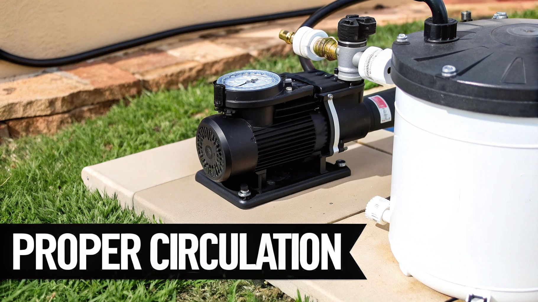 A black pool pump with a pressure gauge and a white filter system on a pad in a grassy area.