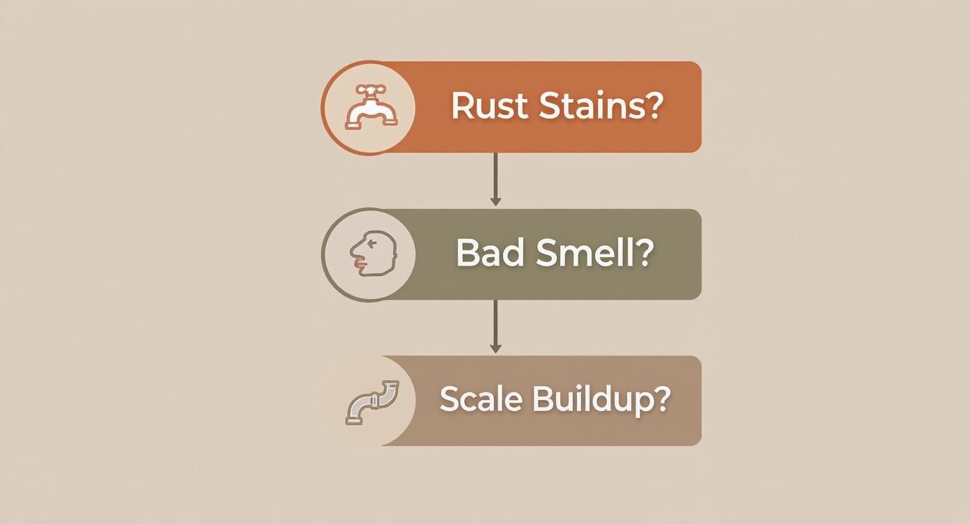 Flowchart showing three common water quality problems: rust stains, bad smell, and scale buildup.