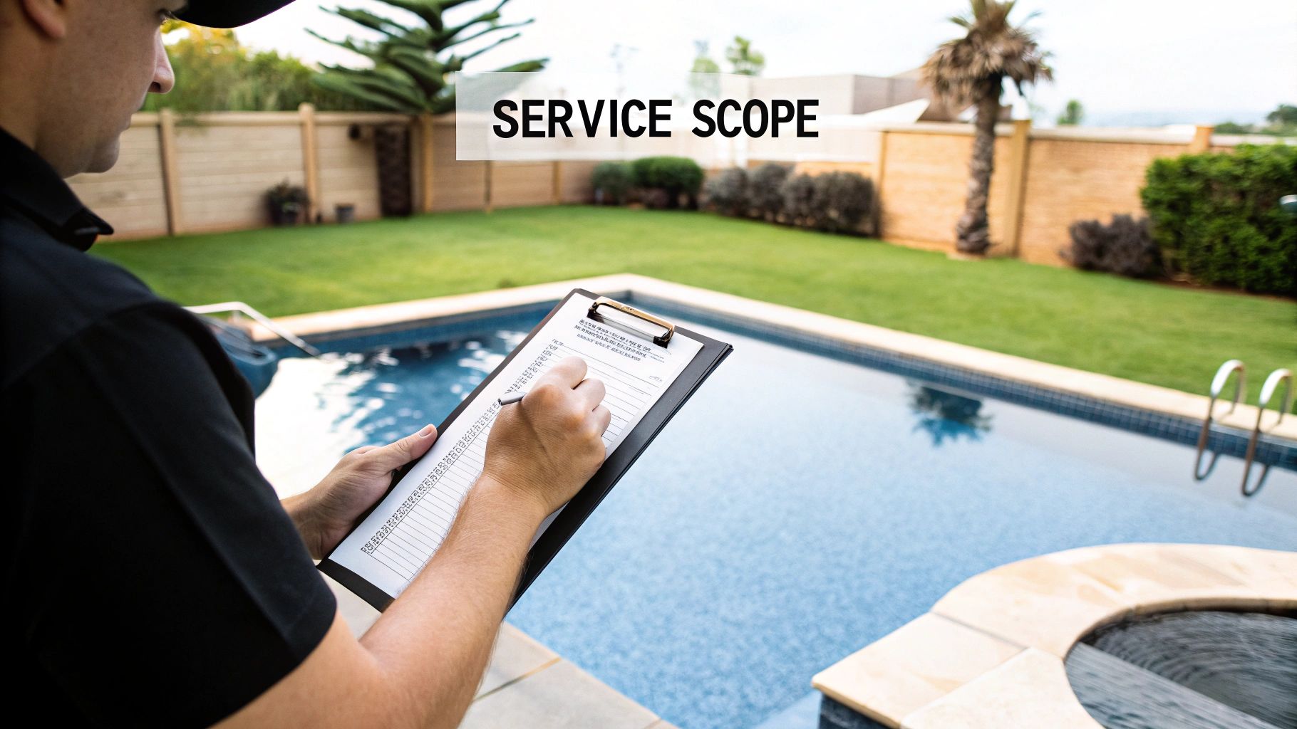 A pool technician in a black shirt writing on a clipboard by a sparkling blue swimming pool.