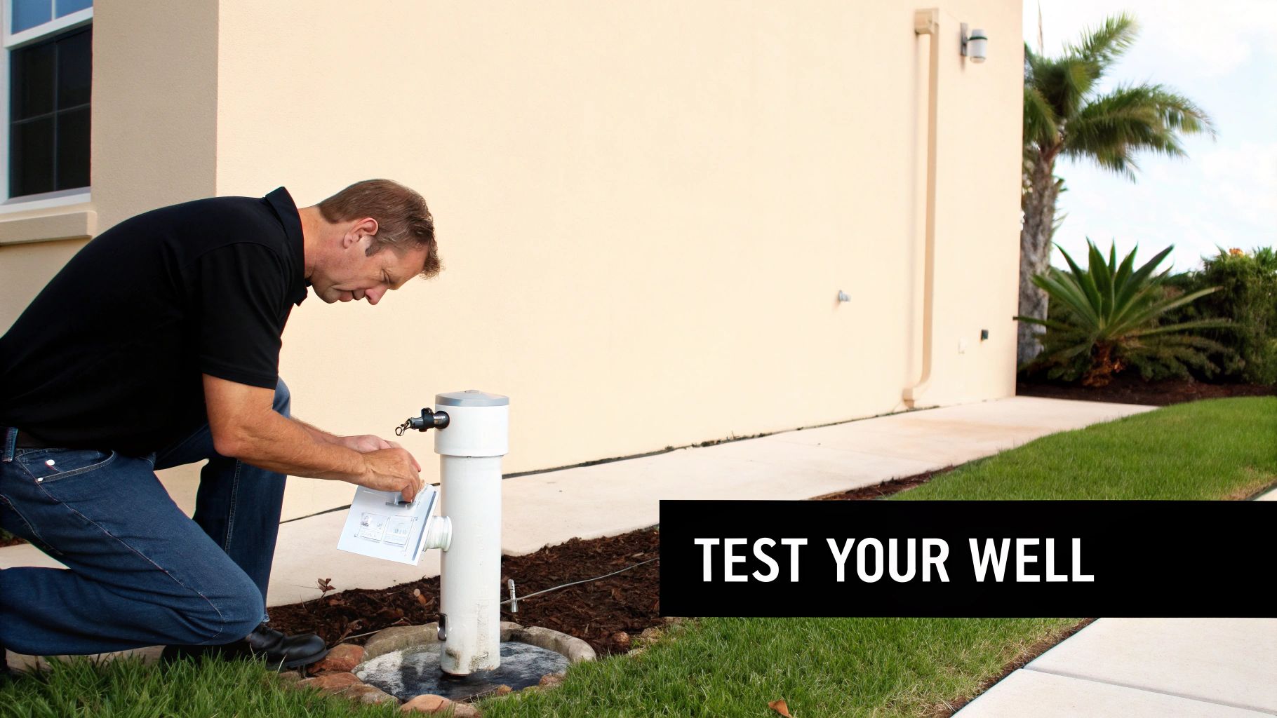 A man kneels by an outdoor well pump, preparing to test the well water quality.