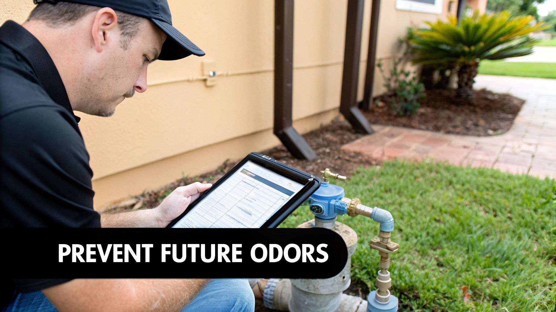 A technician in a cap examines a tablet near outdoor water pipes and a building.
