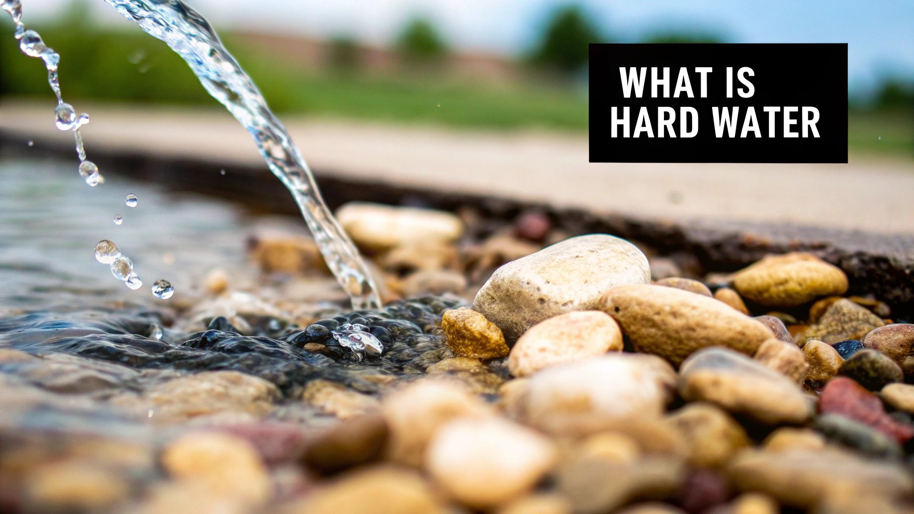 Close-up of a stream of clear water splashing onto colorful pebbles, with text 'WHAT IS HARD WATER'.