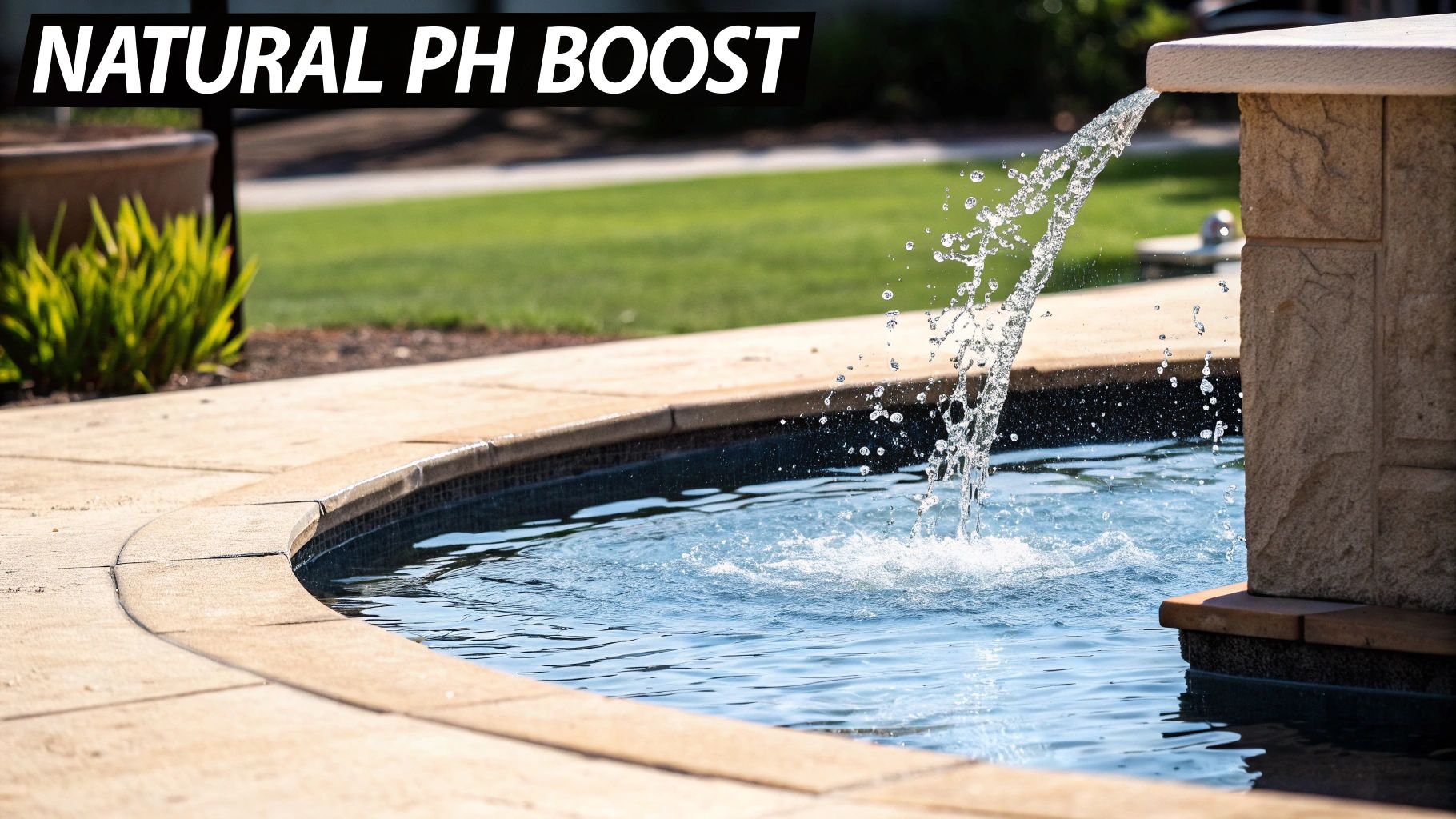 Sparkling water flows from a stone fountain into a clear blue swimming pool with green landscaping.