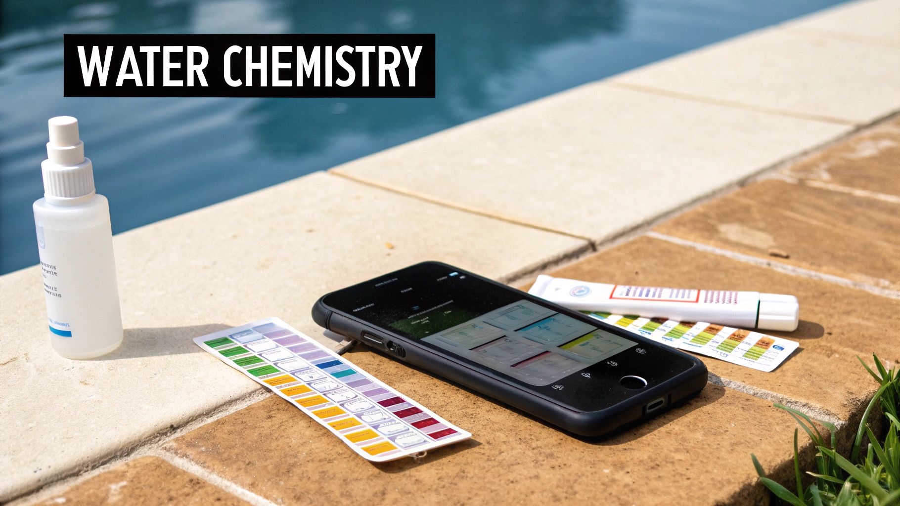 Tools for testing pool water chemistry, including a bottle, smartphone app, and test strips, by a pool.